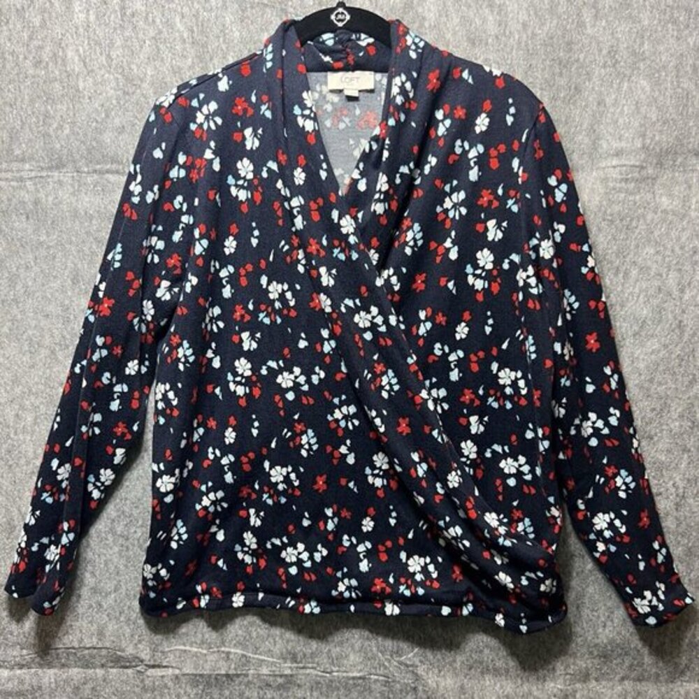 LOFT Outlet Womens Floral Print Long Sleeve Wrap Top Navy Red White Blue‎ Size L